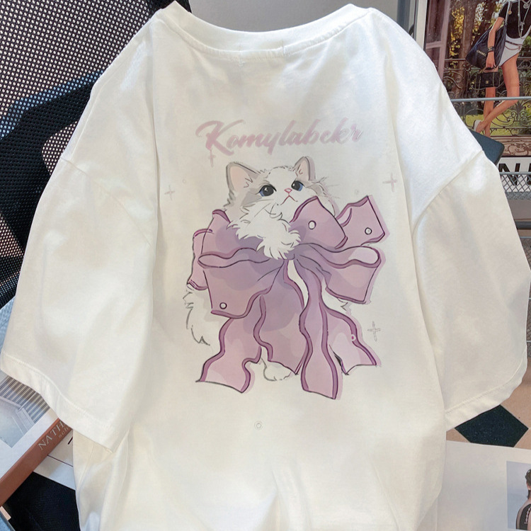 Plus-Size 150kg Cute Cat Print Short-Sleeve T-Shirt for Women, Summer Pure Cotton Versatile Casual Top