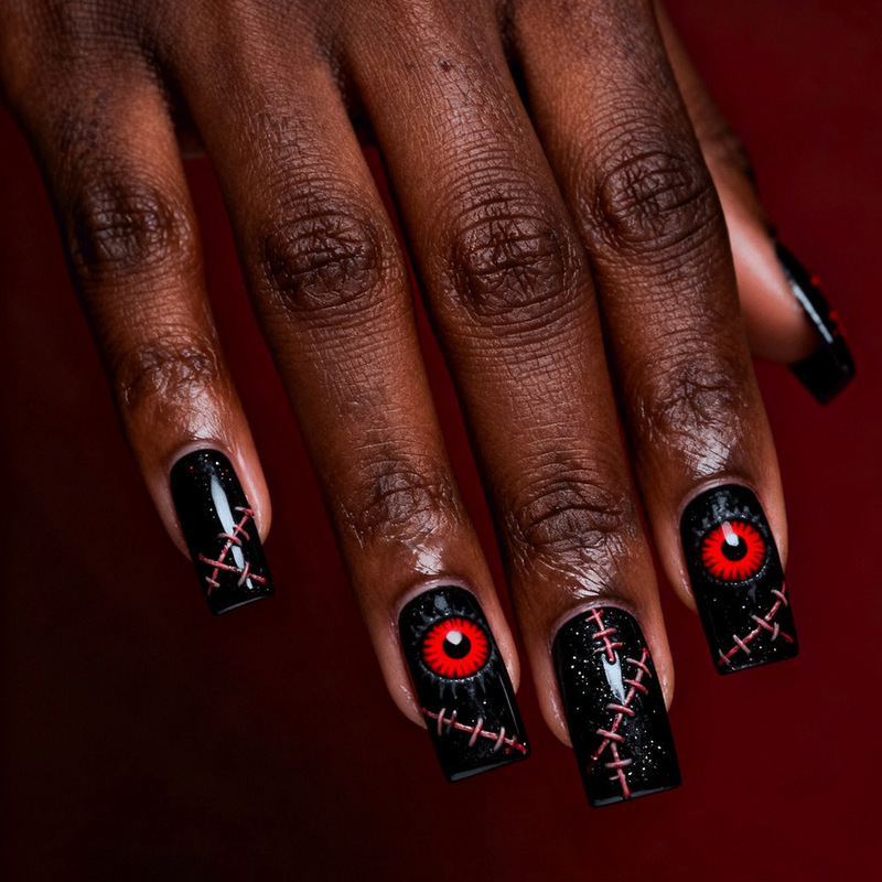 Halloween Wearable Nails, Horror Red Eye Stitched Fake Nails, Black Square Gothic Style Nail Stickers Wholesale Halloween Wearable Nails, Horror Red Eye Stitched Fake Nails, Black Square Gothic Style Nail Stickers Wholesale
