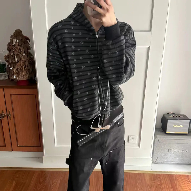 Nova striped star-patterned silver fox fur hooded zip-up sweatshirt, lightweight, street style, short and wide
