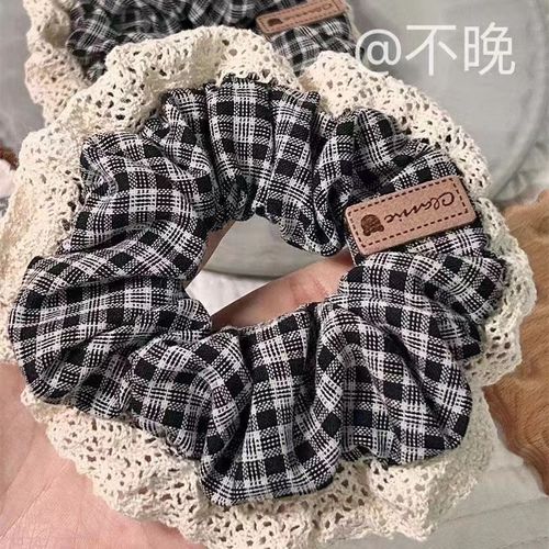 Ins-style high-fashion English academic blue plaid hair tie, trendy French retro lace flat hairpin