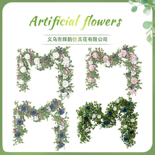 跨境仿真玫瑰花藤条桉树叶花条婚礼桌上装饰仿真藤条玫瑰花蝴蝶