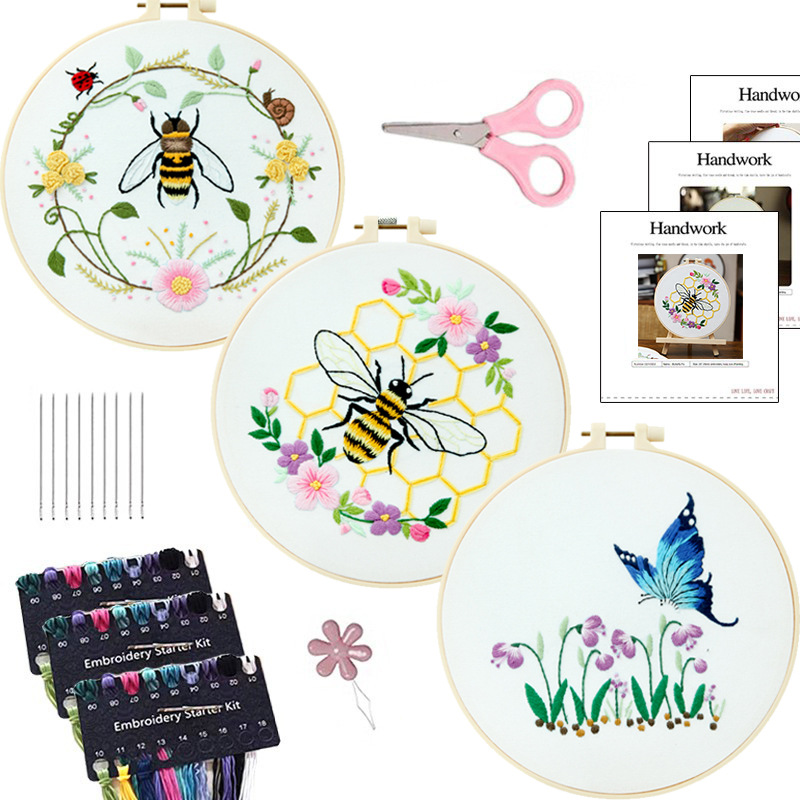Bordado DIY abeja mariposa colgante pintura hecha a mano principiante práctica Lu Bordado Cruz puntada salón adornos de flores