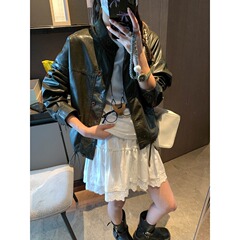 摩且 早秋新款 美式复古PU皮小立领抽绳宽松短款皮衣外套 MQ0681
