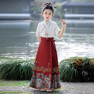 High-End Brocade Girls Ming Dynasty Han Dynasty Suit 2024 Summer Kidsren's Costume Horse Face Skirt Baby Girl Kidsren's Clothing Half Skirt