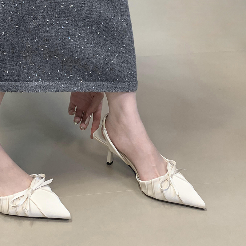 Niche High Heeled Toe Sandals for Women 2025 New Style Elegant Pointed Pleated Bow Shoes