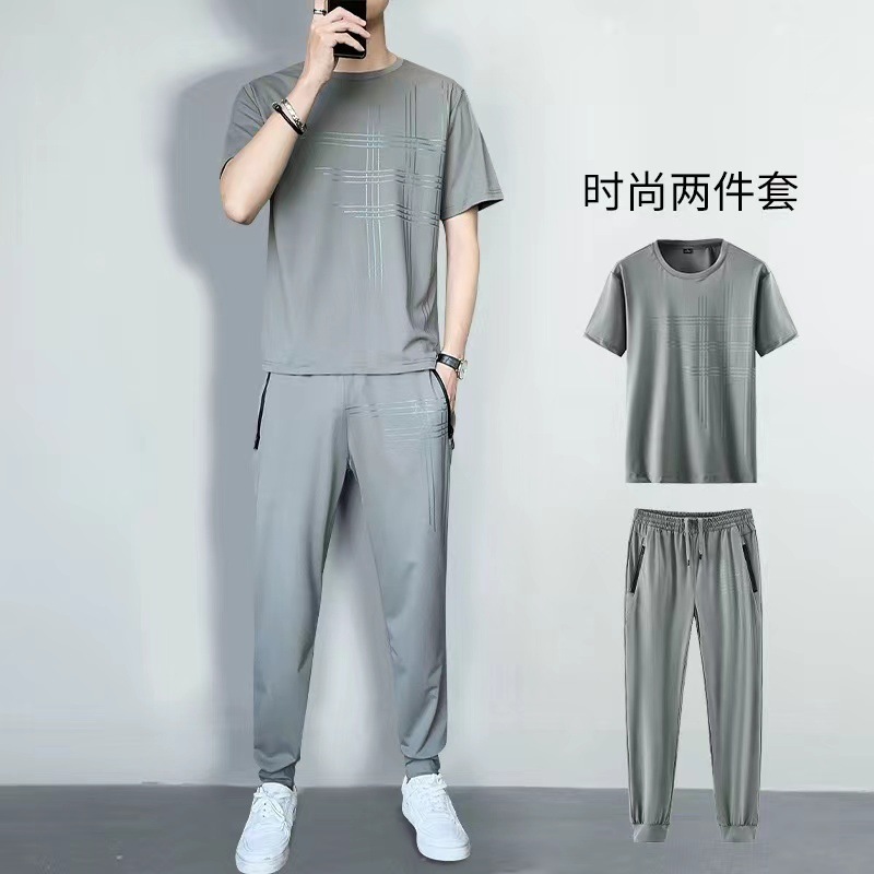 Summer New Casual Sports Suit Men's Loose Large Size Ice Silk Thin Suit Handsome Quick-drying Breathable Fashionable Suit