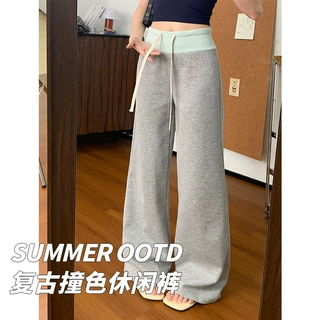 夏季薄款灰色撞色腰头拼接休闲长裤女高腰垂感宽松阔腿裤源头工厂