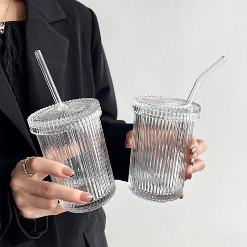 Ins-style striped glass cup with lid and straw, simple water cup for home use, drinking cup, milk cup, breakfast cup