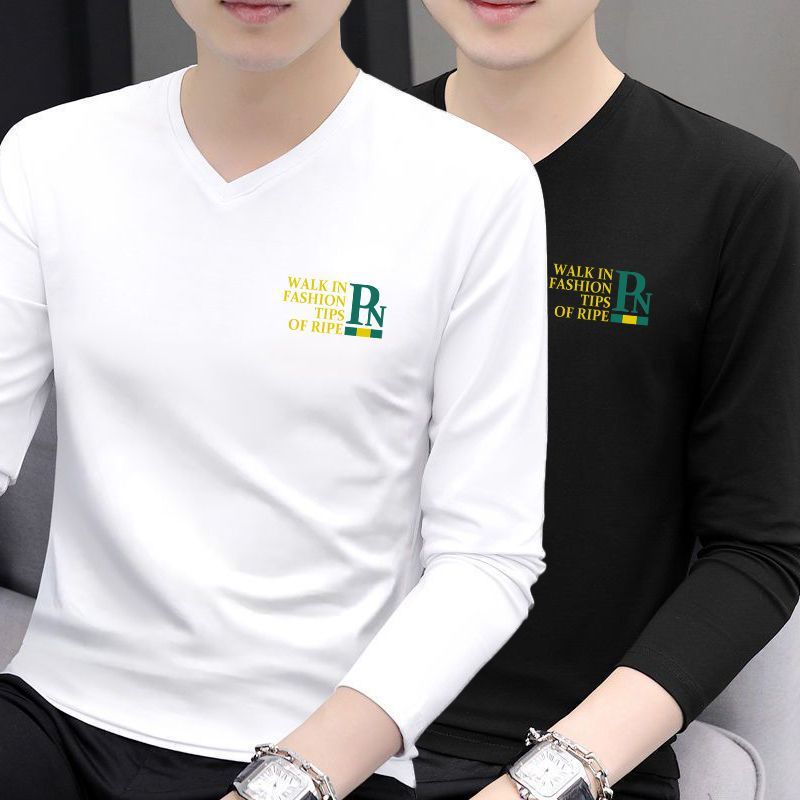 潮流男装舒适长袖t恤男士春秋季新款潮流字母印花v领修身打底衫