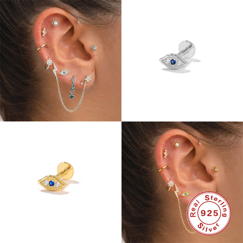 Nueva moda ins simple labio ojo diamante s925 plata esterlina 16G cabeza plana hilo piercing cartílago espárragos