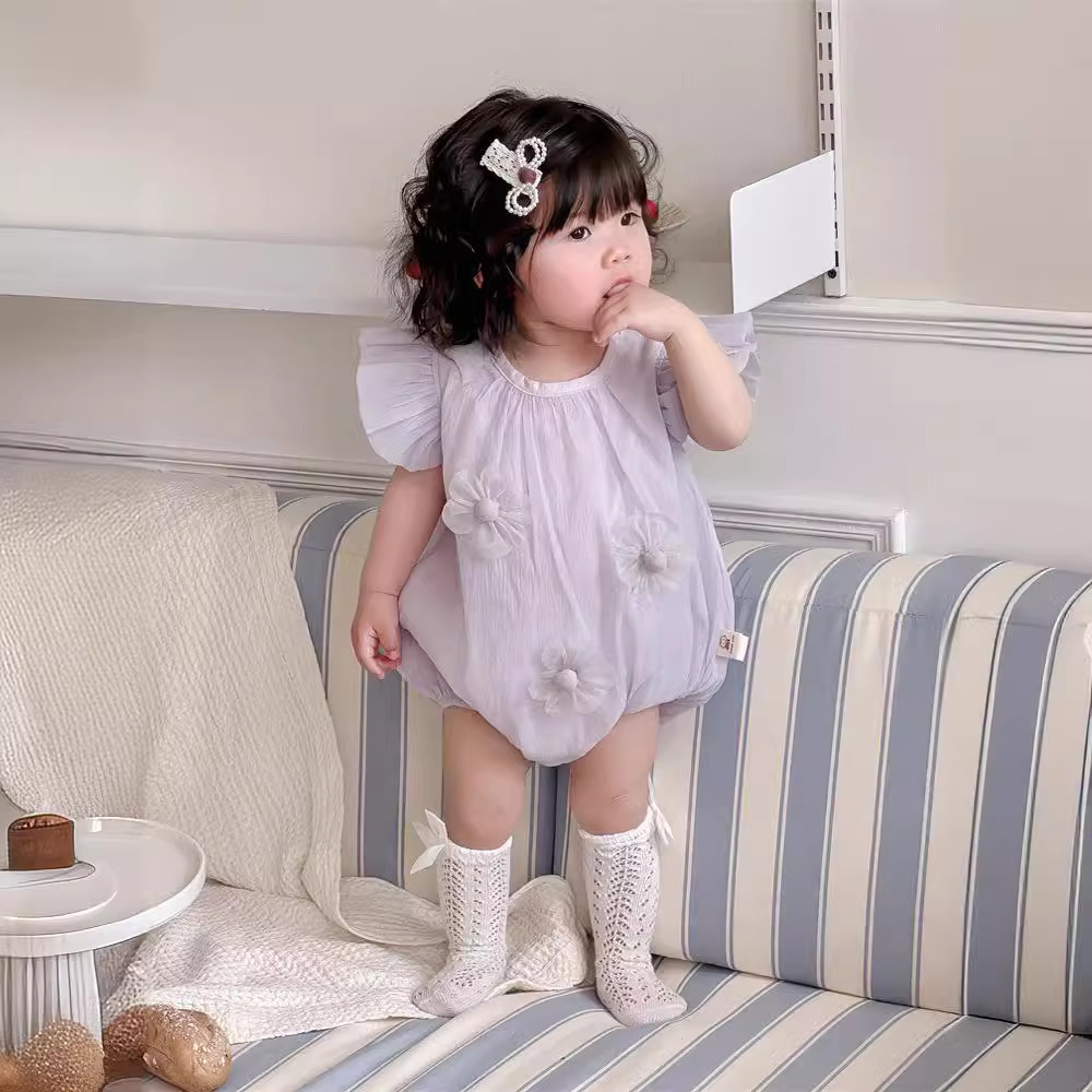 Corea ins bebé bebé niña ropa para niños encaje mangas voladoras verano sección delgada gasa dulce flor sección delgada mamelucos