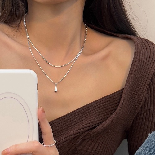 Minimalist Cold Aura Water Drop Pendant Necklace for Women, Fashionable and Personalized, Versatile and Elegant, S925 Silver Double Layer Clavicle Chain Collar Necklace