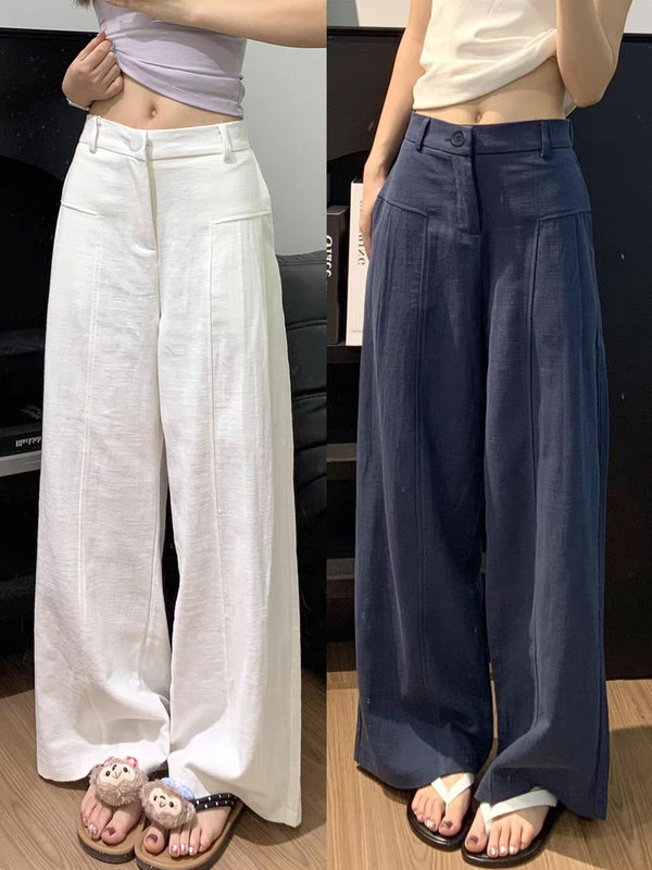 藏青色亚麻西装裤子女夏季薄款慵懒松弛感休闲垂感天丝棉麻阔腿裤|undefined