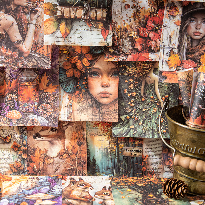 秋林旧梦秋季素材纸 复古人物植物秋叶手帐背景打底拼贴便签纸