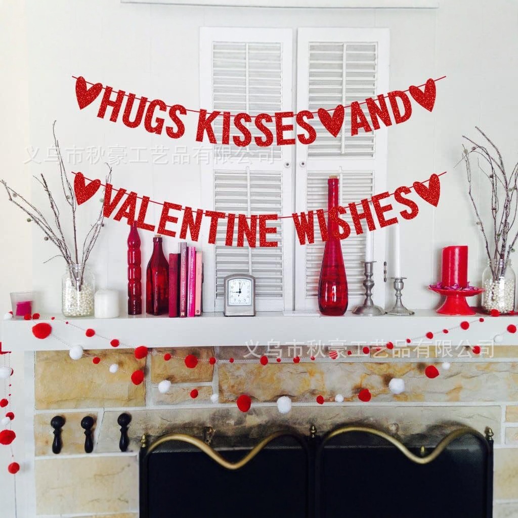 Feliz Día de San Valentín tira de banderas abrazar besos y bendiciones del Día de San Valentín tira de flores polvo decoración de fiesta