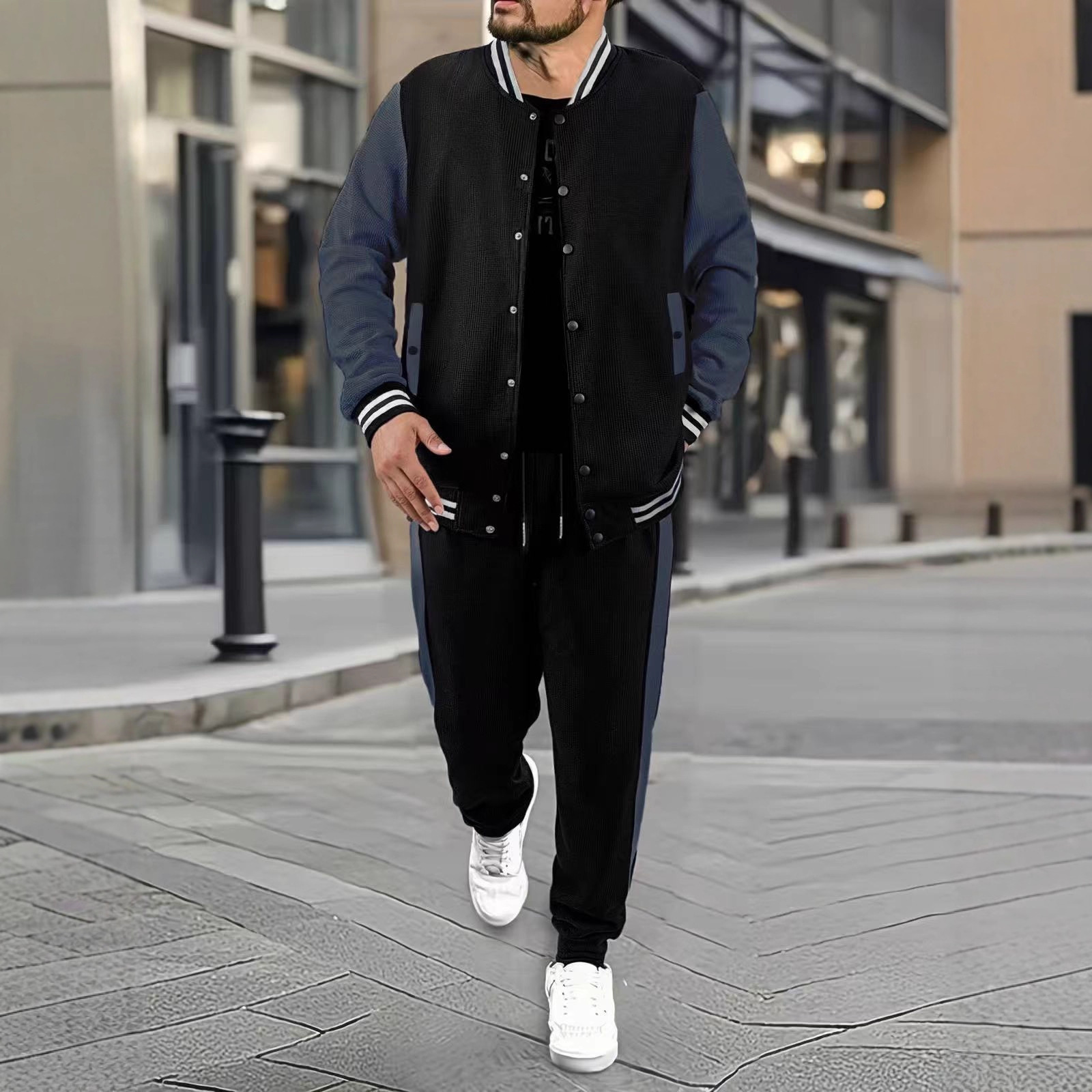 跨境秋冬新款棒球服休闲百搭加绒华夫格开衫外套拼色运动长裤套装