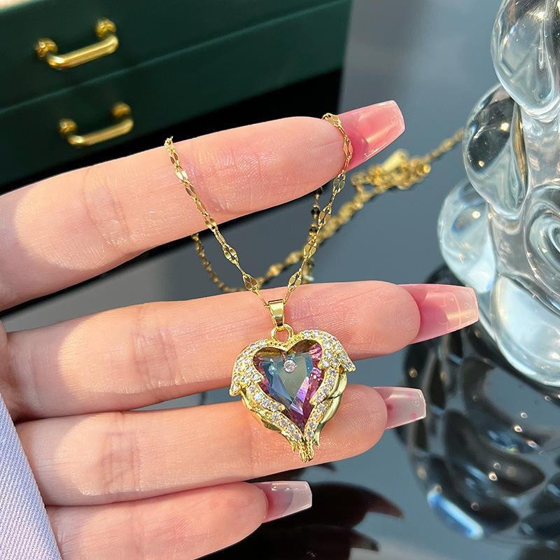 Collar de corazón de océano para mujer – colgante de cristal en forma de corazón, cadena de clavícula de acero inoxidable