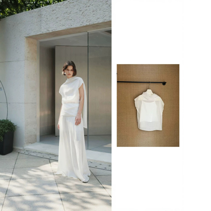 Hanko Tencel Ramie Two-Piece Set for Women: Gentle Flutter-Neck Sleeveless Thin Breathable White Shirt T-Shirt for Summer