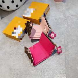 欧美中款荔枝纹撞色钱包女新款简约3折中款皮夹多卡位硬币位钱包