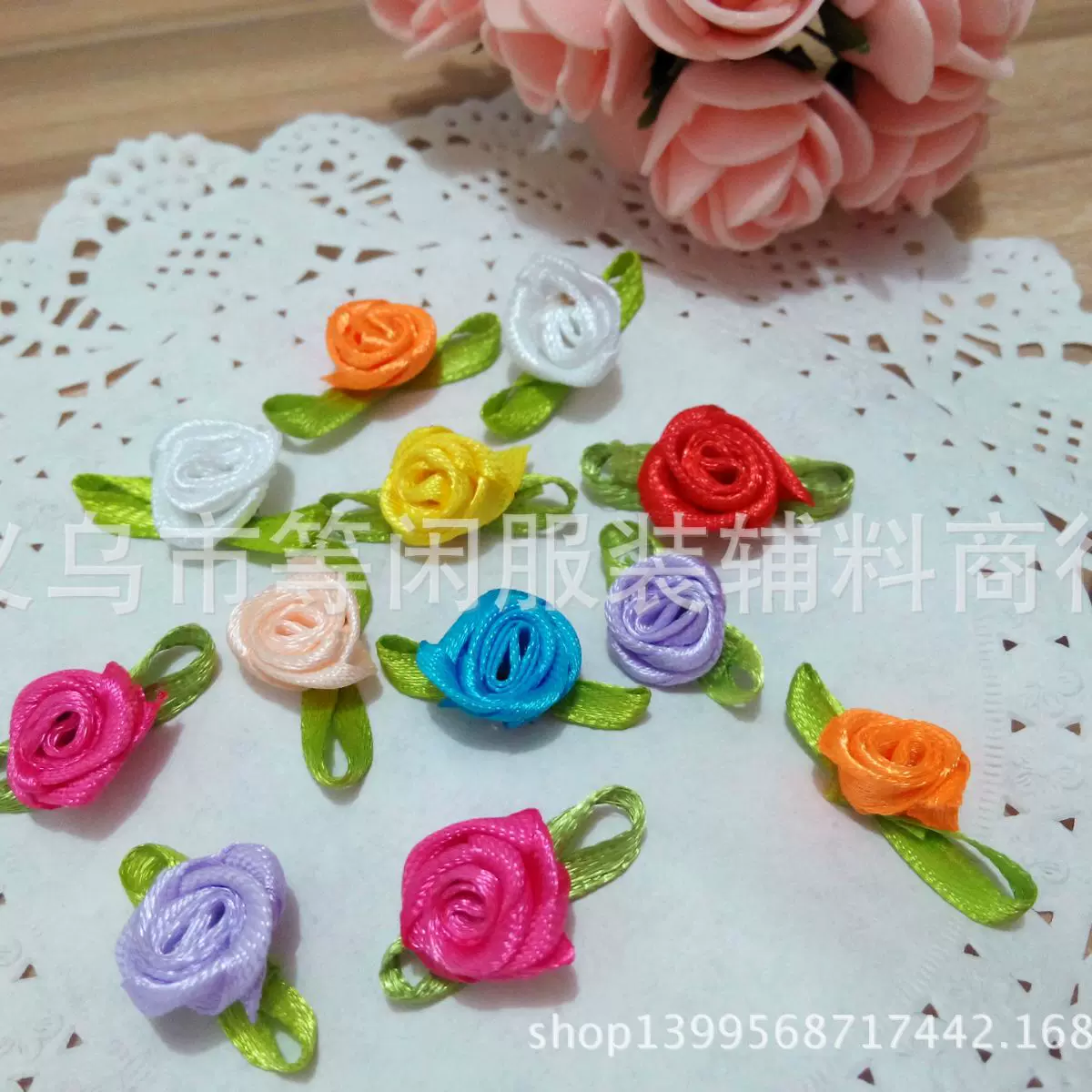 diy丝带手工小玫瑰花迷你绿叶小花朵装饰配件小花辅料批发