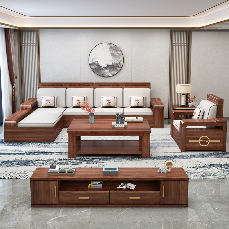 Chinese-style walnut sofa set&mdash;solid wood, dual-purpose for winter and summer, living room storage sofa, L-shaped chaise lounge sofa.