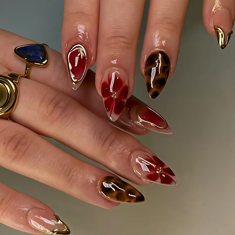 Wearable Almond-Shaped Nails with a High-End Feel, Golden French Style, Red Floral Leopard Print Nails, Champagne Gold Stripes, Ins-Style