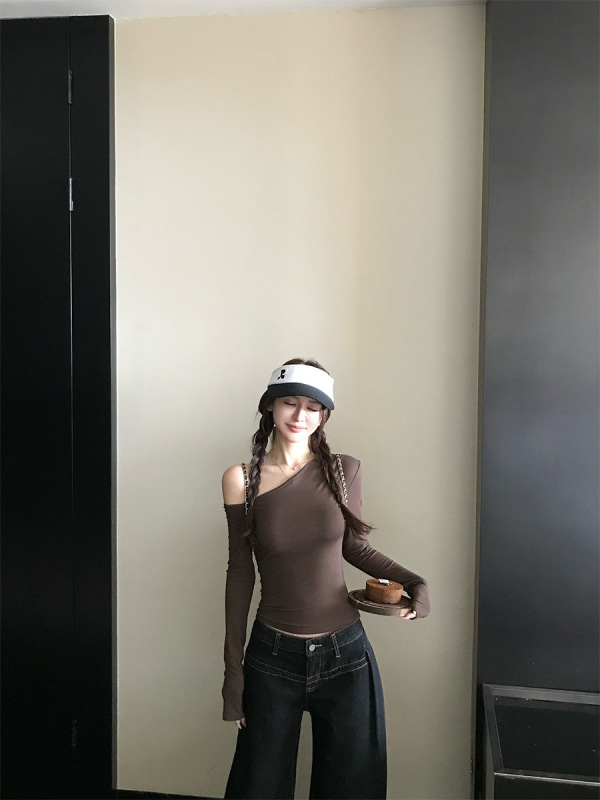 Skk Store cool&sexy 云朵感慵懒斜肩打底衫不规则修身T恤上衣秋|undefined