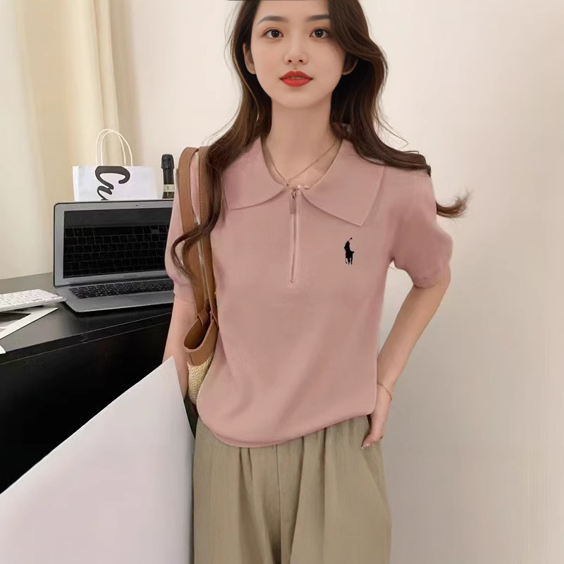春夏韓国風ラペル半袖シャツ女性用夏薄手刺繍ファッション通気性痩身万能ニットトップ|undefined