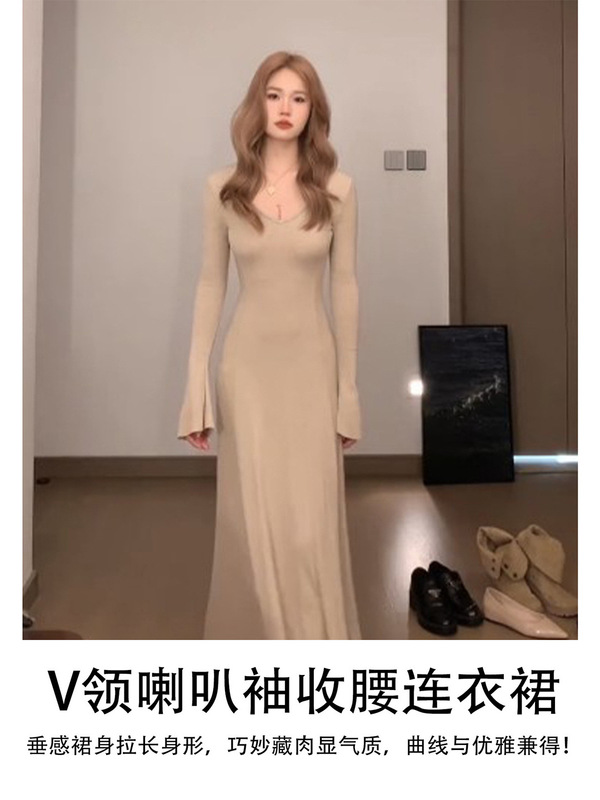 法式长袖针织短袖连衣裙女早秋季v领修身a裙子小个子冷淡气质|undefined