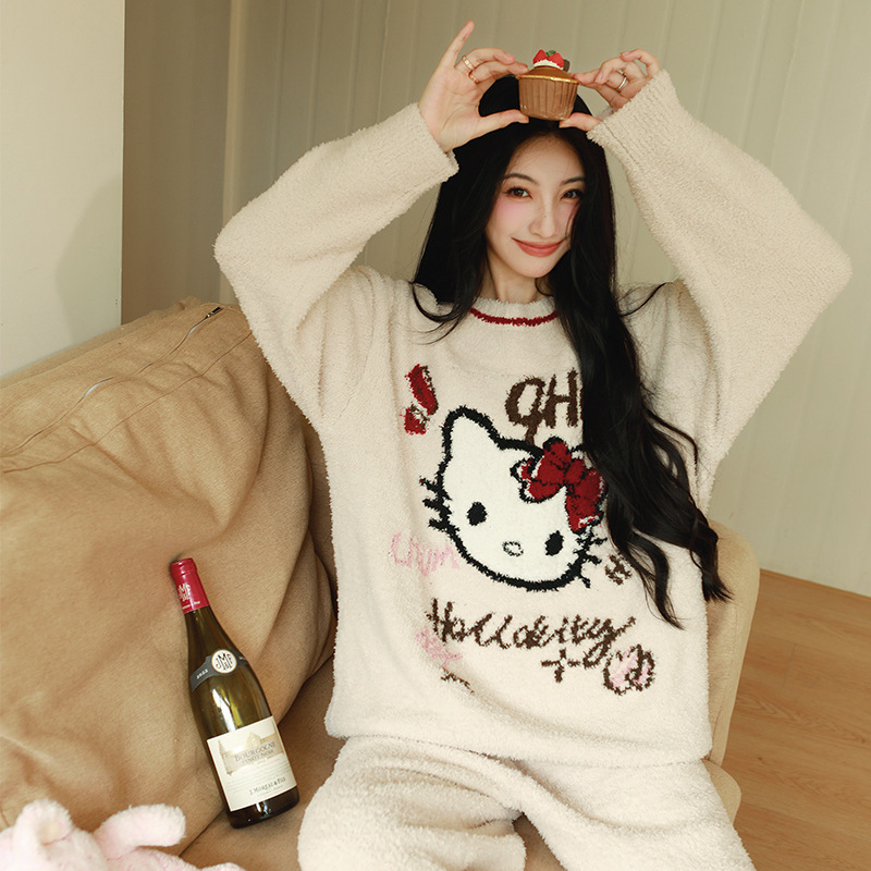 可爱卡通KT猫半边绒睡衣女2025秋冬新款软绵绵针织套头圆领家居服|undefined