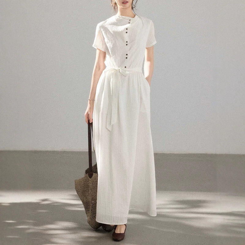 Eryang Design【Spring Return】100% Cotton Minimalist Commuter Style Dress for Women with Stand Collar, Buttoned High Waist Long Dress Eryang Design【Spring Return】100% Cotton Minimalist Commuter Style Dress for Women with Stand Collar, Buttoned High Waist Long Dress