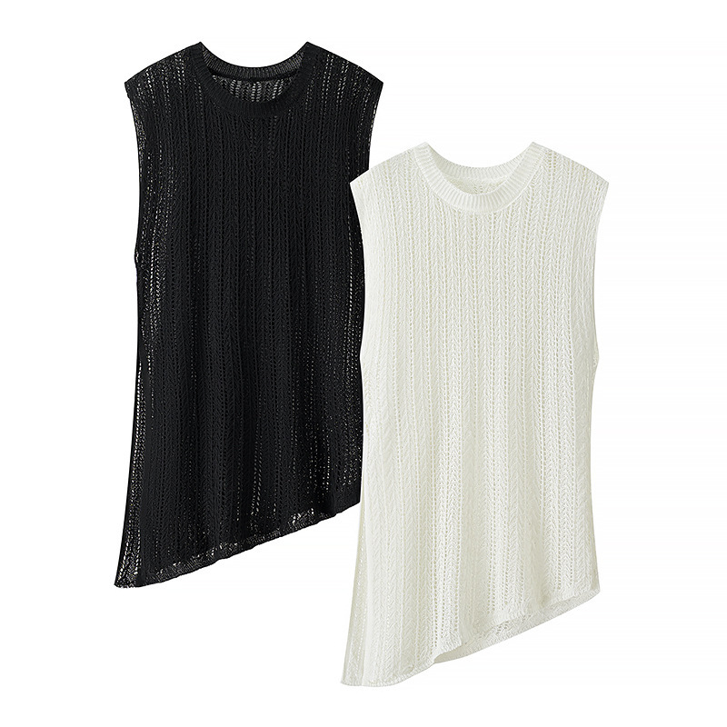 00Hm-2889 Irregular Slit Knitted Vest 2025 Early Autumn Retro Artistic Style Round Neck Slimming Long Top