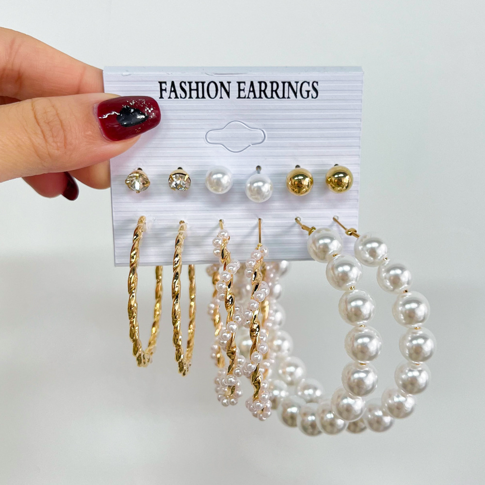 fashion butterfly inlaid pearl alloy geometric hoop earrings six-piece set