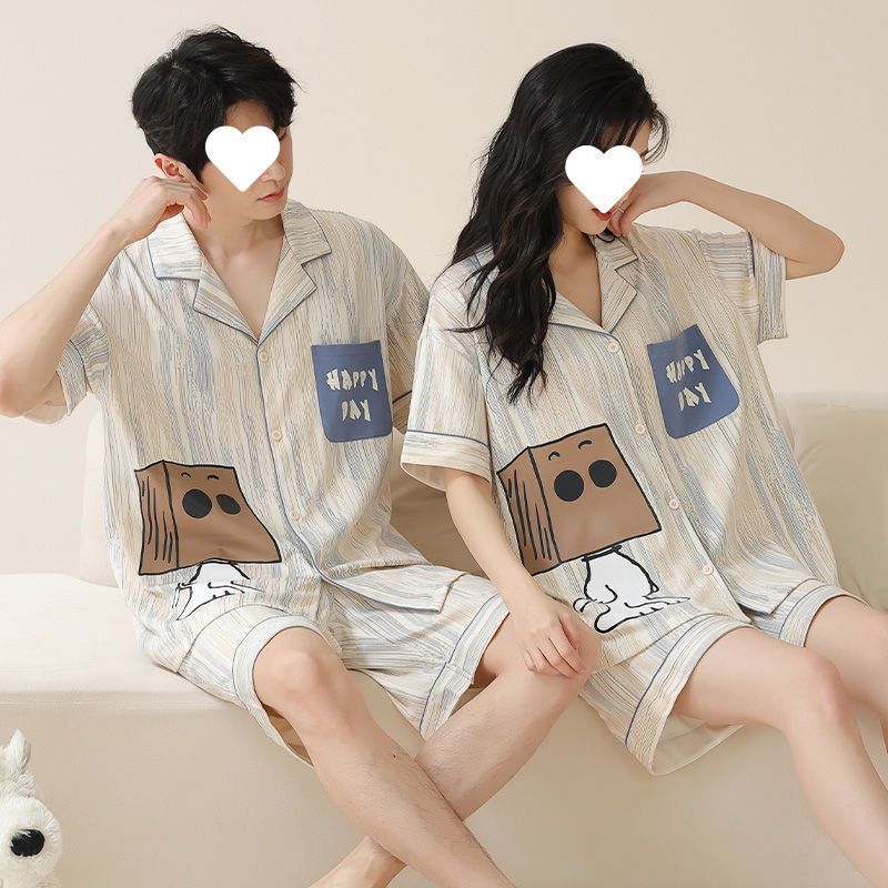 한 남자와 한 여자를위한 고 가치 잠옷 커플 의상 새로운 여름 의상 세트 반바지 홈 옷