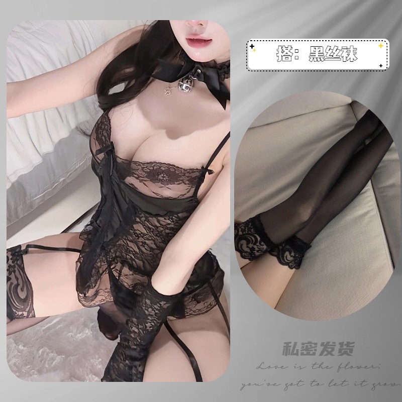 [블랙 잠옷 + 티셔츠] + 블랙 스타킹 (벨 제외)