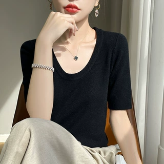 批发2024韩系穿搭显瘦夏季新款冰丝五分袖t恤针织衫女薄款低U外贸