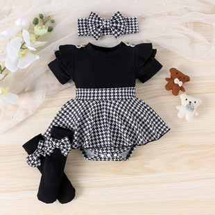 Children's clothing Amazon Cross-border European and American Girls Black Top Houndstooth Dress Set New