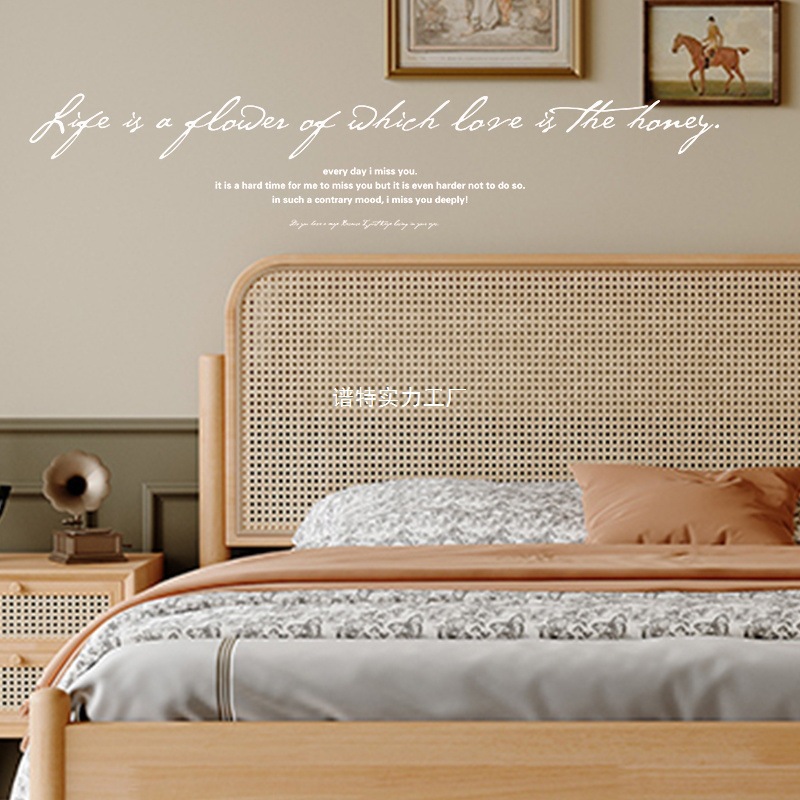 实木藤编床北欧网红原木风床法式中古风主卧1.8m双人床美式民宿床