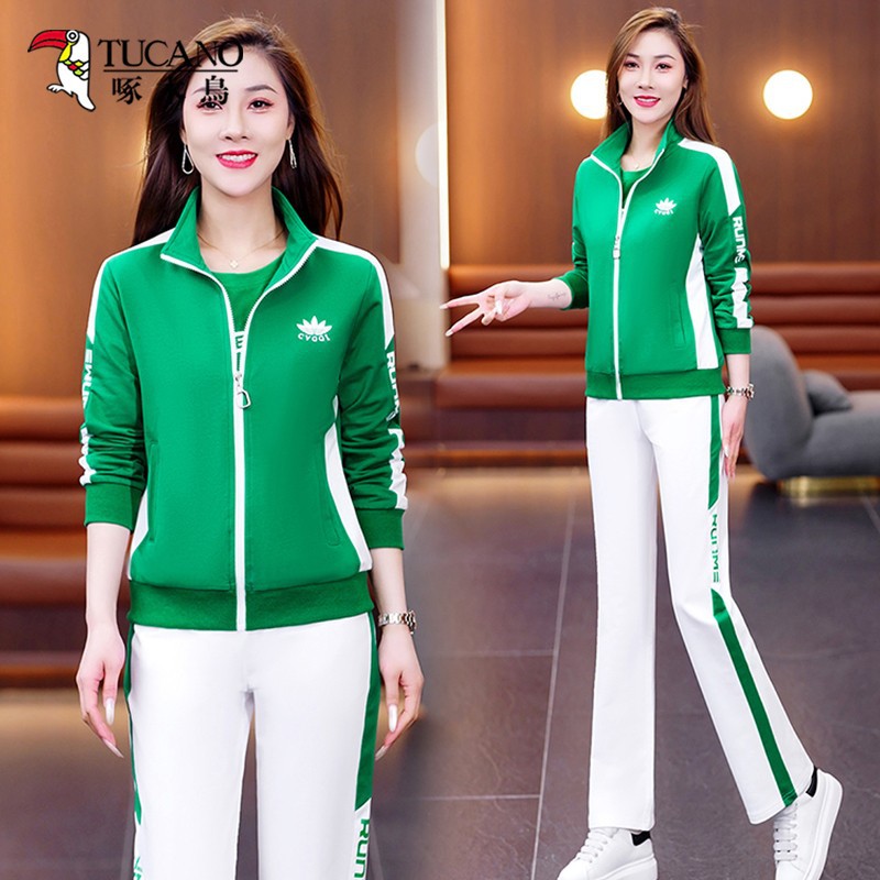 啄木鸟品质棉运动套装女装2025春秋时尚新款休闲团队广场舞三件套