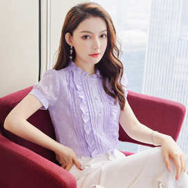 2025立领荷叶边短袖雪纺衬衫女夏季新款减龄气质衬衣显瘦上衣