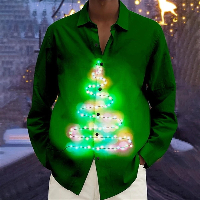 Christmas Tree Pattern 3D Printed Shirt Men's Casual Trend Unisex Top Holiday Party Long Sleeve Shirt
