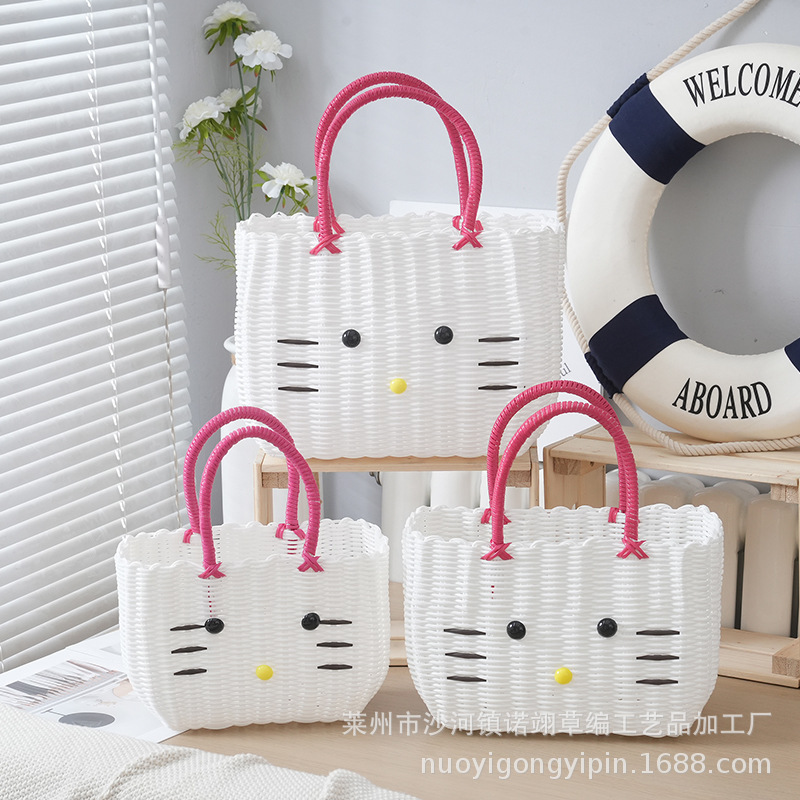 Kitten Woven Handbag Woven Bag All-match Casual Hand Bag Beach Bag Vegetable Basket PVC Storage Basket