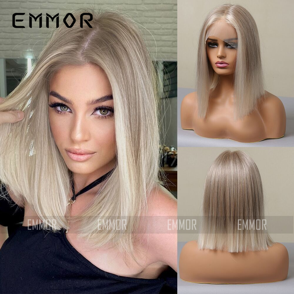 Nueva peluca completa con cuero cabelludo realista, raya en medio, cabello liso hasta los hombros con degradado dorado, peluca de encaje natural estilo europeo y americano para mujer