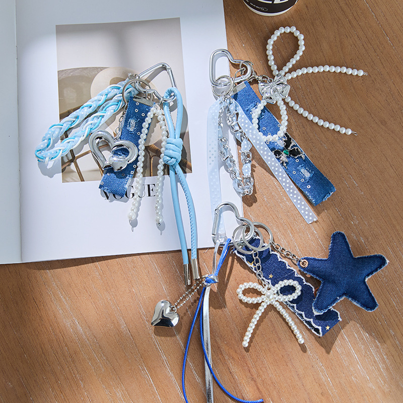 Denim Style Car Keychain, Same Model as Instagram Bloggers' Bag Charms, Miu-Style Woven Lanyard Bag Charm for Women