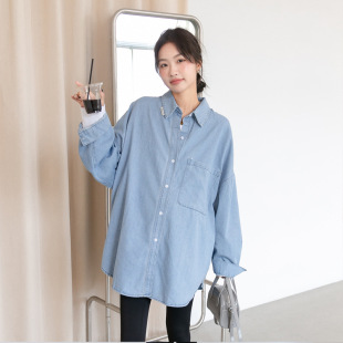 Autumn and winter New pregnant women's long-sleeved shirt loose mid-length pregnant women's clothing plus size Denim top Korean style simple