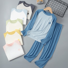 夏季儿童糖果色拼接袖空调家居服中大男童女童长袖长裤睡衣两件套