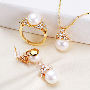 Snow Queen Copper Gold Plated Zircon Pearl Earrings Pendant Set Flat Round Freshwater Pearl Ring Necklace Earrings