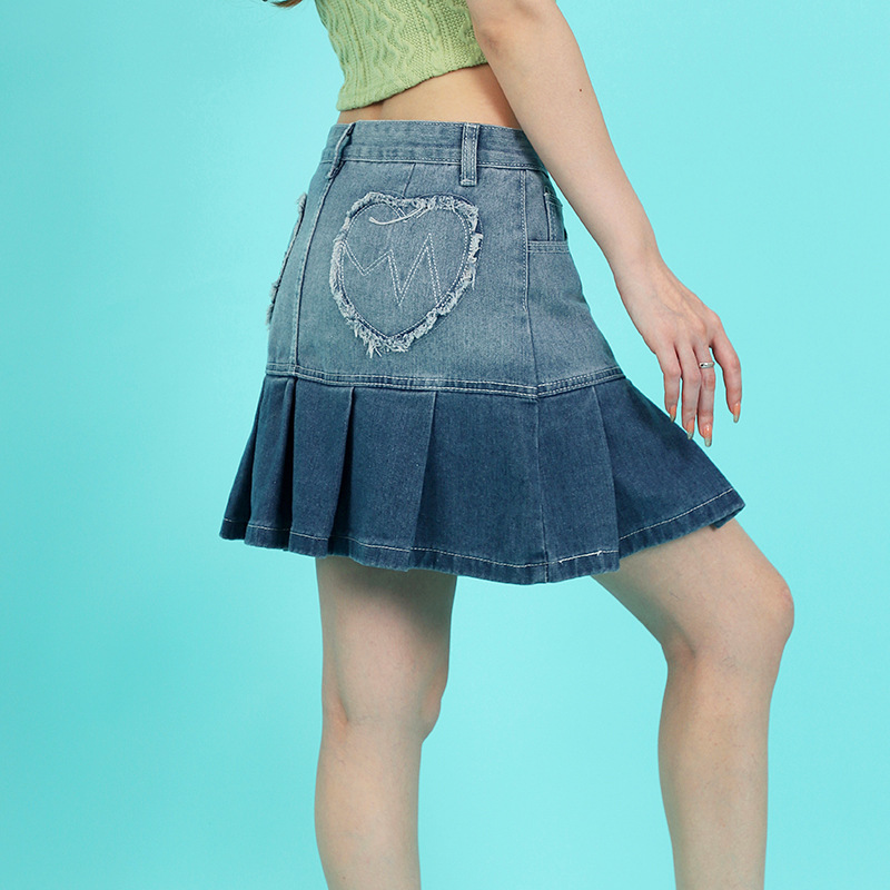 mid-waist slim Contrast Color Denim Pleated Skirt NSSFN131599