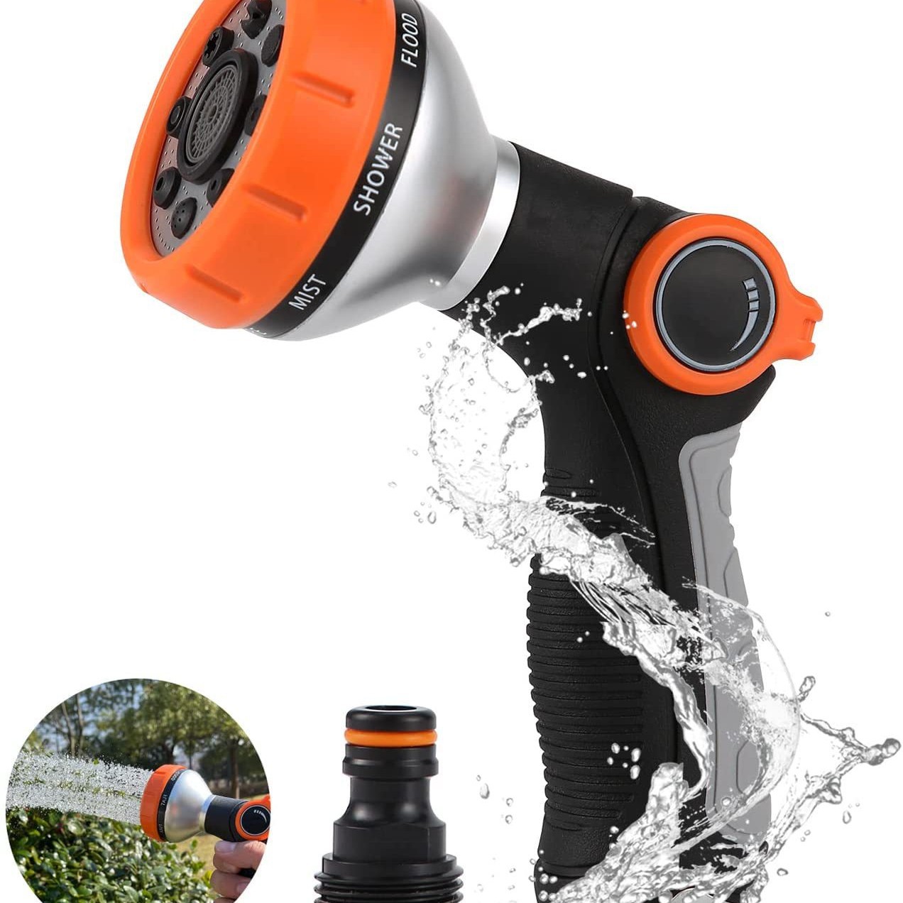 锌合金进水口洗车水枪包胶8功能花洒喷水枪园林浇花拇指推大头枪