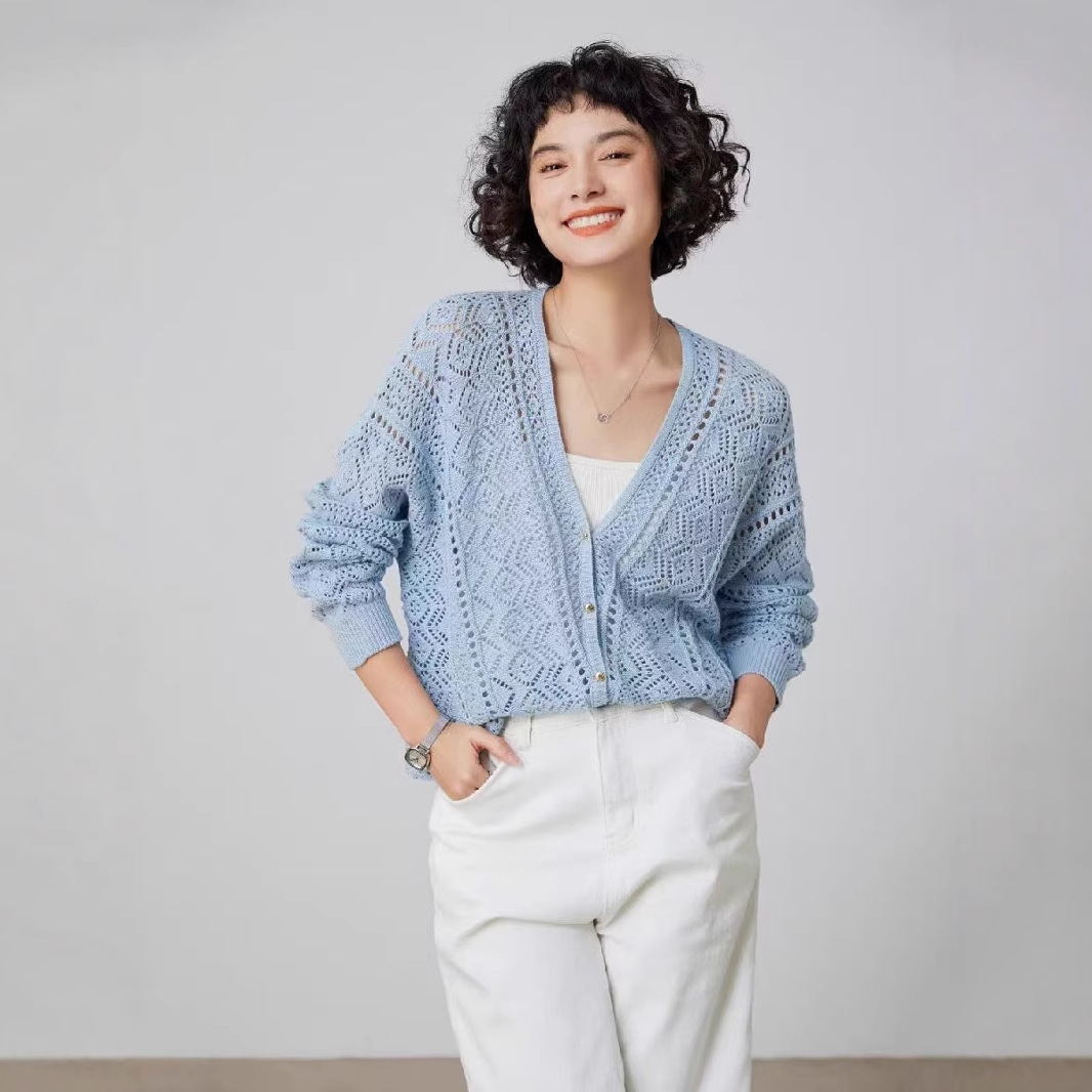 Lujo ligero francés bohemio perezoso chaqueta de viento V-collar gancho flor agujerado jersey cardigan aire acondicionado camisa mujer image 5